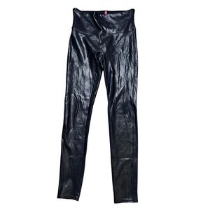 SPANX Faux‎ Leather Leggings Black Shiny High Waisted Tummy Control Medium M EUC